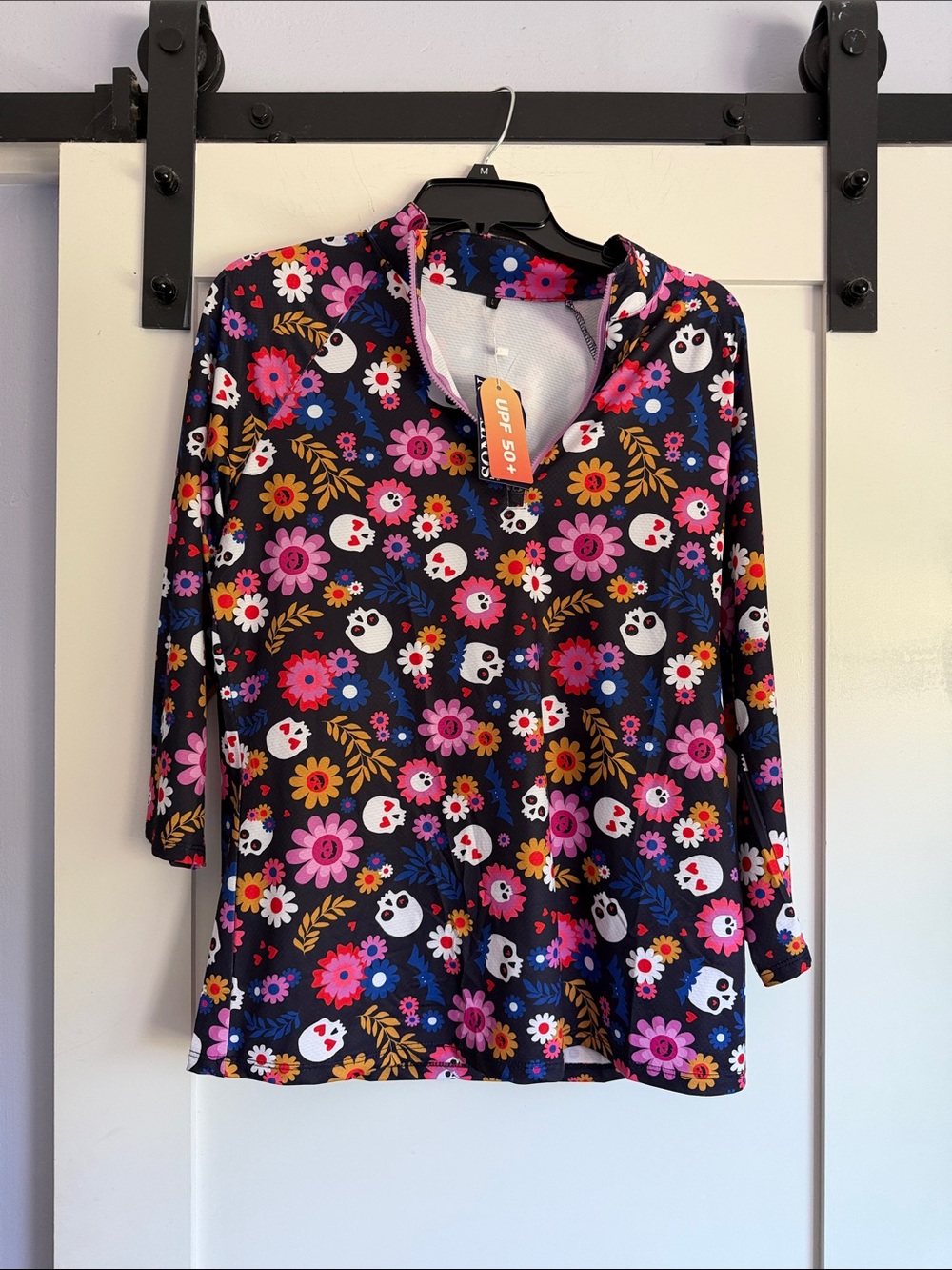 Floral Skull Print Quarter-Zip Top - Black with Pink, purple, yell& Blue Flowers